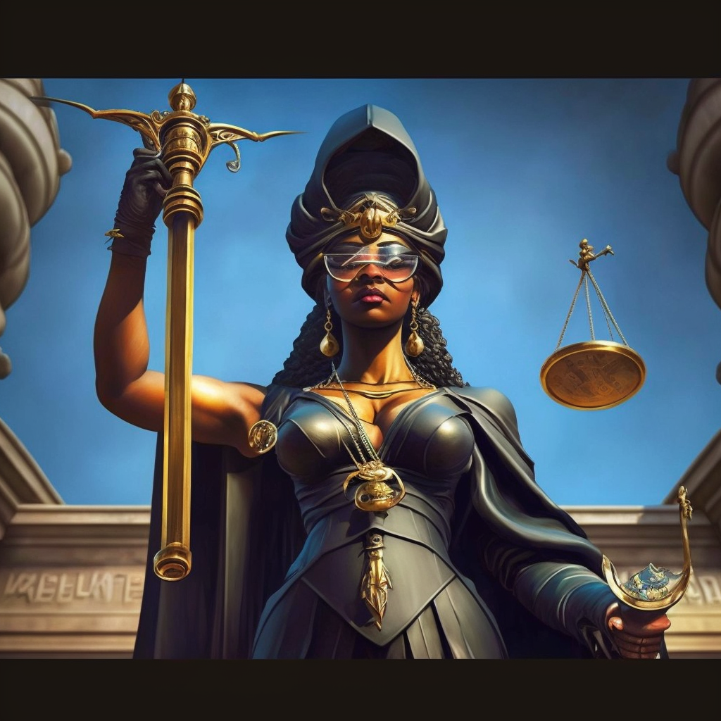 a full-length portrait of a blindfolded black woman holding a scale in one hand, and a a sword in the other hand, like the justice, with her eyes bent with robotic implants in a futuristic location , hyper-realistic